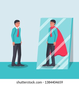 Human looks in the mirror and sees a superhero. Confident power.  Business leadership. Vector illustration flat design. Isolated on background. Successful businessman.