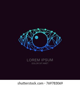 Human low poly eye, vector tech logo, sign or emblem design element. Futuristic concept for biometric recognition, optical, CCTV, retina scan, security camera, cyber vision technology.