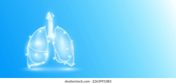 Anatomía pulmonar humana forma triángulos de línea que se conectan sobre fondo azul. Futurista holograma de órgano brillante blanco translúcido y espacio de copia para texto. Concepto médico anatómico. Vector de diseño moderno.