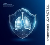 Human lung anatomy organ translucent low poly triangle inside shield futuristic glowing. On dark blue background. Immunity protection medical innovation concept. Vector EPS10.