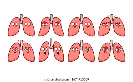 Human Lung cute cartoon character illustration with expression emoticon emoji set happy sad angry mad frowned and upset