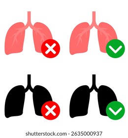 Human lung icon clip art with accept and decline symbol. Lung flat graphic for education vector illustration on white background