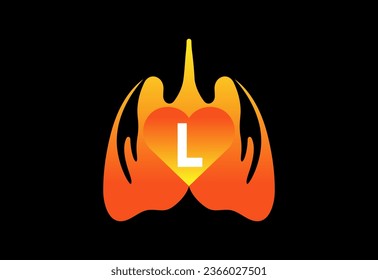 Human lung icon on black background. Letter vector  with human heart symbol 