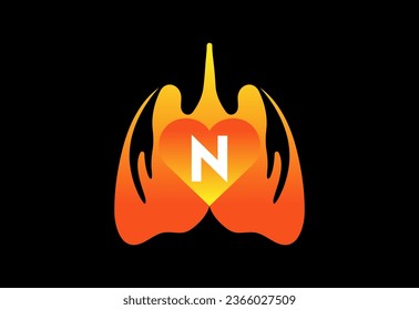 Icono de pulmón humano sobre fondo negro. Vector de letras con símbolo de corazón humano 