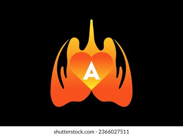 Icono de pulmón humano sobre fondo negro. Vector de letras con símbolo de corazón humano 