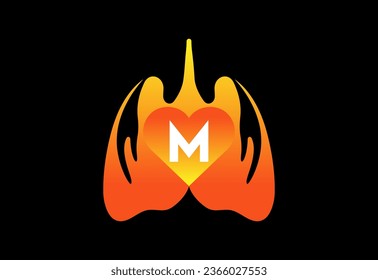 Human lung icon on black background. Letter vector  with human heart symbol 