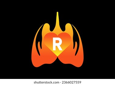 Icono de pulmón humano sobre fondo negro. Vector de letras con símbolo de corazón humano 