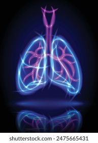 Human lung illustration consists of glowing watercolor and purple curves on a dark blue background with glowing intersections, medium in modern technology. Used in medicine commercial Scientific.