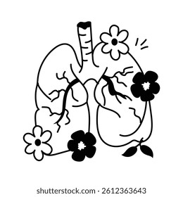 A human lung system, adorned with small, simple flowers, concept icon of clean breath