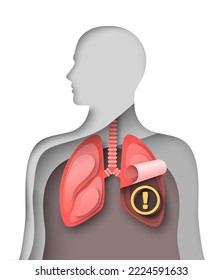 Human lung vector. Pneumonia or asthma respiratory disease awareness world day. Pulmonary medicine and healthcare. Man silhouette with breathing internal organ and examination sign paper cut style