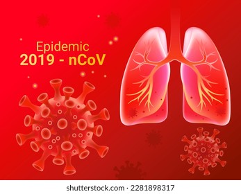 Human lungs affected by coronavirus. Lungs and COVID-19 virus on a red background. Vector illustration.