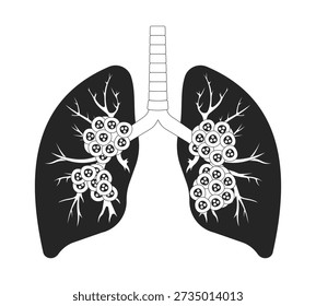 Pulmões humanos afetados por câncer em estágio avançado esboçam a ilustração. Células malignas. Alvéolo oncológico. Tumor em brônquios ramificados objeto de linha 2D isolado no branco. Imagem linear de tinta vetorial monocromática