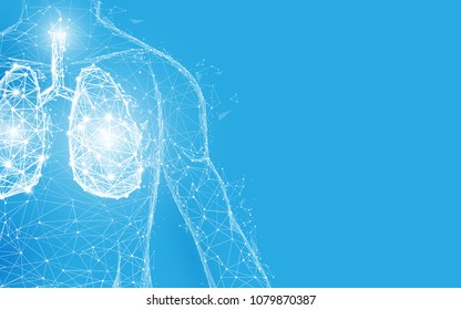Human lungs anatomy form lines and triangles, point connecting network on blue background. Illustration vector