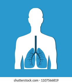 Human lungs banner isolated on blue. Vector illustration of organs situated within the rib cage, consisting of elastic sacs with branching passages