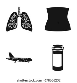 Human lungs, body part and other web icon in black style. airplane, medicine container icons in set collection.