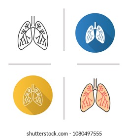Human lungs with bronchi and bronchioles icon. Respiratory system anatomy. Flat design, linear and color styles. Isolated vector illustrations