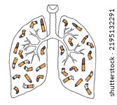Human lungs with cigarette butts inside. The concept of harmfulness of smoking. Hand Drawn. Freehand drawing. Doodle. Sketch. Outline. Coloring page.	