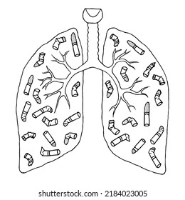 Human lungs with cigarette butts inside. The concept of harmfulness of smoking. Hand Drawn. Freehand drawing. Doodle. Sketch. Outline. Coloring page.