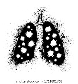 Human lungs with coronavirus. Infected icon. Coronavirus, COVID-19 lung disease. Microbes in lungs. Pneumonia, asthma, cancer, tuberculosis, inspection concept. Monochrome black and white design.