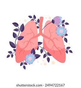 Human lungs with cute floral decor, central internal organ of respiratory system. Anatomical model of healthy lung and trachea with flowering herbs and plants, blue flowers cartoon vector illustration