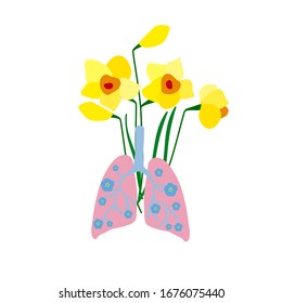 The human lungs. Daffodil flowers. Vector illustration.