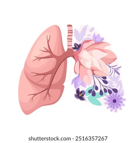 Human lungs are decorated with flowers. The concept of respiratory health. Vector illustration.