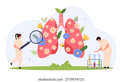 Pulmones humanos decorados con flores, dos científicos que analizan la salud respiratoria, lupa, tubos de ensayo, Elementos de la naturaleza, estilo plano, salud y medio ambiente Ilustración vectorial aislada