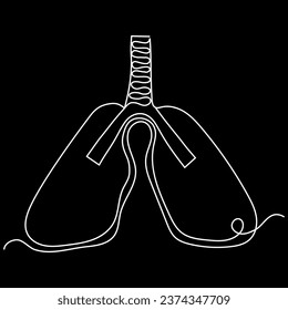 Human lungs drawn in one line on a black background. Illustration in a continuous line style in white, Vector