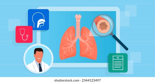 Untersuchung der menschlichen Lunge auf virtuellem Bildschirm und fachärztlicher Rat: Telemedizin, Gesundheitswesen und Technologiekonzept