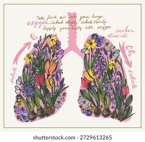 Pulmones humanos Ilustración vectorial decorativa floral. Concepto de salud de anatomía de órganos internos del cuerpo. Cartel de dibujo creativo médico y de estilo de vida con flores de primavera, mariposas y letras.