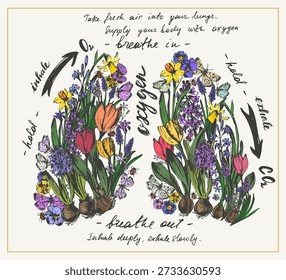 Pulmões humanos floral decorativa ilustração vetorial. Conceito de saúde de órgão do corpo interno. Respiração quadrada. Cartaz de estilo de vida e desenho criativo médico com flores de primavera, borboletas e letras.