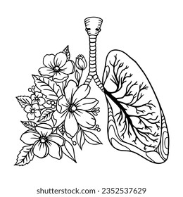 Human lungs with flowers black isolated vector icon. Lung, bronchi, human organ illustration. Floral Lungs. Human Lung. Vector illustration svg