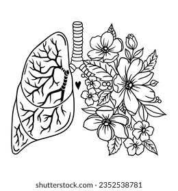 Human lungs with flowers black isolated vector icon. Lung, bronchi, human organ illustration. Floral Lungs. Human Lung. Vector illustration