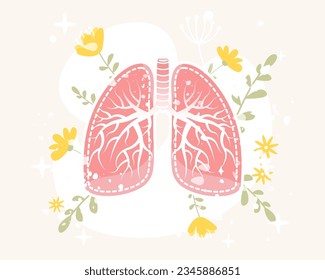 Human lungs with flowers and leaves. Vector illustration in flat cartoon style. Healthy lungs concept