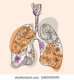 Human lungs with flowers and plants inside Abstract art line drawing vector illustration.Lungs drawing with abstract spots.Health and medicine concept.internal organ silhouette Line art