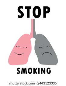 Human lungs are healthy and sick. Stop Smoking concept. One half of the lung is smiling, the other is sad. Vector illustration of human lungs for printing, social advertising, Smoking prevention.