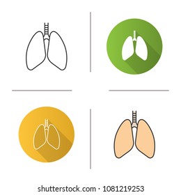 Human lungs icon. Respiratory system anatomy. Flat design, linear and color styles. Isolated vector illustrations