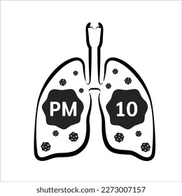 Icono de pulmones humanos. Señal de advertencia de polvo PM 2.5. Fuente de contaminación del aire. Contaminación industrial de la ciudad antiniebla o peligro de polvo en la ciudad. Ilustración del vector EPS10.