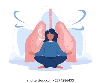 Human lungs inhaling and exhaling vector illustration. Young woman meditating and focusing on breathing, practicing mindfulness. Meditation, breath control, breathing exercise concept