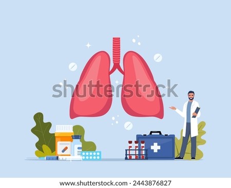 Human lungs. Inner organs disease treatment. Modern design concept with tiny doctor character, medical drugs, equipment, analysis. Vector Illustration