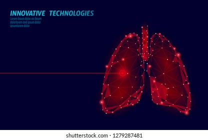 Human lungs laser surgery operation low poly. Medicine disease drug treatment painful area. Red triangles polygonal 3D render shape. Pharmacy tuberculosis cancer template vector illustration