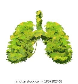 Human lungs made up by bright green lushy bushes, creative ecology concept isolated on white