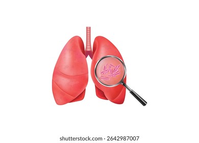 Human lungs with magnifying glass showing virus. Ideal for respiratory health, infection, and medical diagnosis themes.