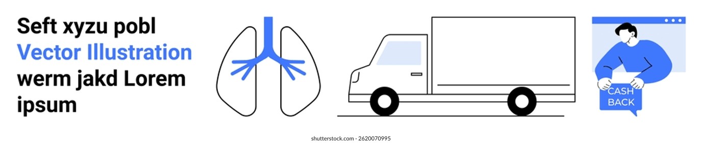 Human lungs with medical details, a delivery truck with wheels, and a web search element featuring a person with a speech bubble. Ideal for health, transport, logistics, web design, communication