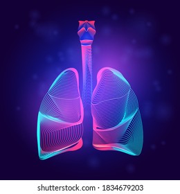 Human lungs medical structure. Outline vector illustration of body part organ anatomy in 3d line art style on neon abstract background