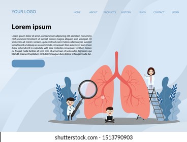 Human lungs. Miniature doctors study and treat large human lungs. Vector concept of medical pulmonological care.Lung cancer. website, app, banner.