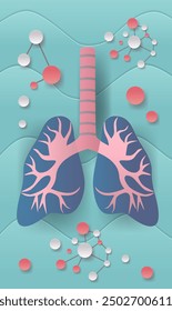 Human lungs with molecular structures anatomy medical concept blue pink background paper cut style