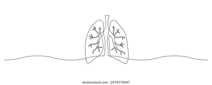 Human Lungs in one continuous line drawing. Internal organ in simple linear style. Awareness concept about asthma disease and tuberculosis in editable stroke. Monoline vector illustration