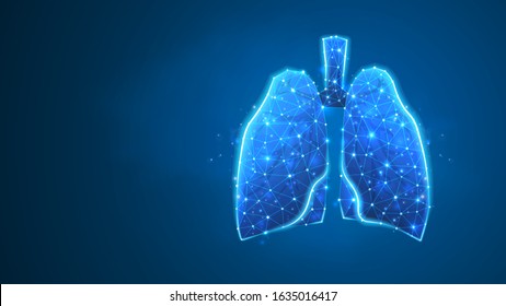 Human Lungs. Organ anatomy, biological air filter, healthy body concept. Polygonal image on blue neon background. Low poly, wireframe digital 3d vector illustration. Abstract art