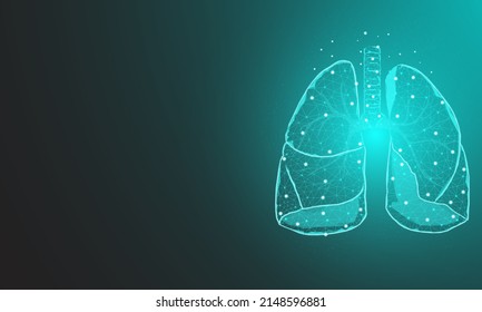 human lungs, organ anatomy biological air filter healthy body concept polygon on neon blue background